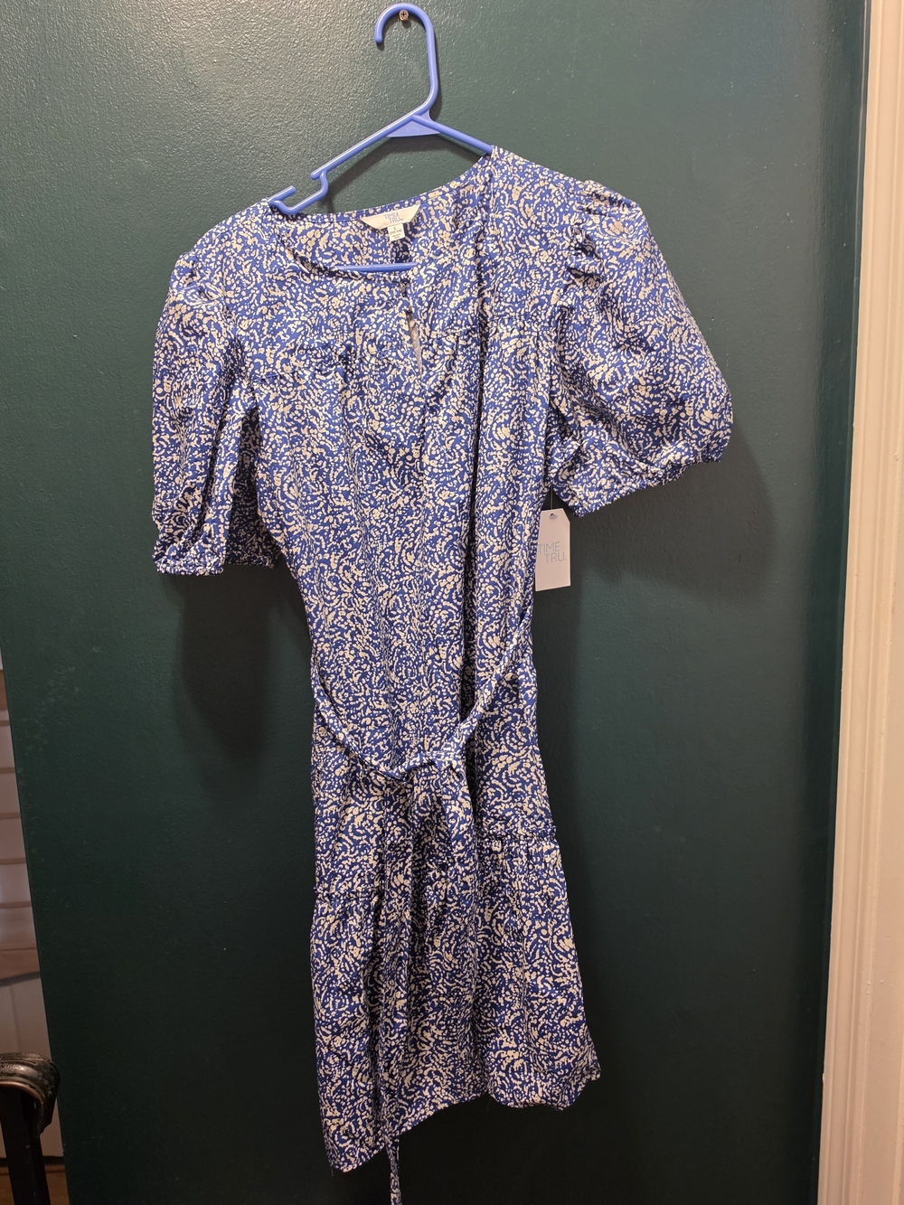Time and Tru Blue and White Printed Puff-Sleeve Mini Dress